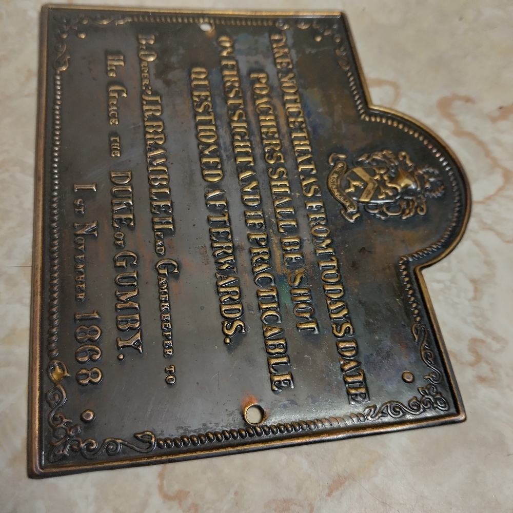 Antique Brass Plate Warning to Poachers